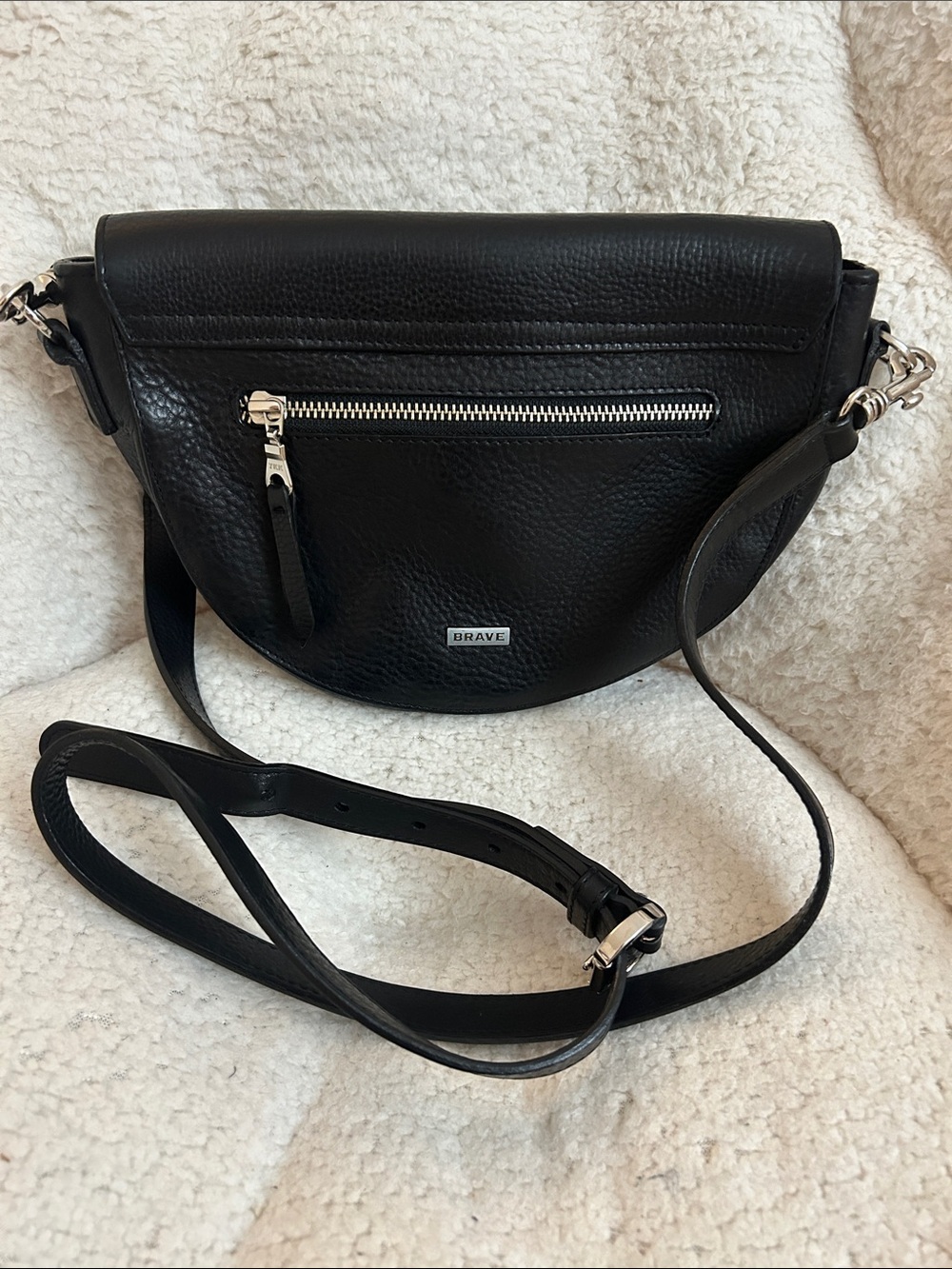 BRAVE  Black Pebble Leather Crescent Crossbody with Silver Zip